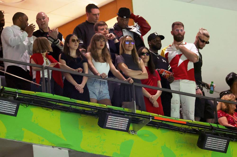 (L-R) Ed Kelce, Ashley Avignone, Alana Haim, Ross Travis, Taylor Swift, Este Haim, Danielle Haim and Donna Kelce attend Super Bowl LIX at Caesars Superdome on Feb 9, 2025 in New Orleans, Louisiana. - (Photo by AFP)