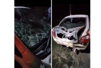 Keadaan kereta jenis Toyota Vios milik mangsa mengalami kerosakan teruk selepas diserang tiga ekor gajah liar di Kilometer 11 JRTB Gerik-Jeli pada Selasa.